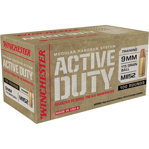 Picture of Winchester Active Duty Pistol Ammo 9mm 115 gr. FMJ-FN MHS 100 rd. WIN9MHSC