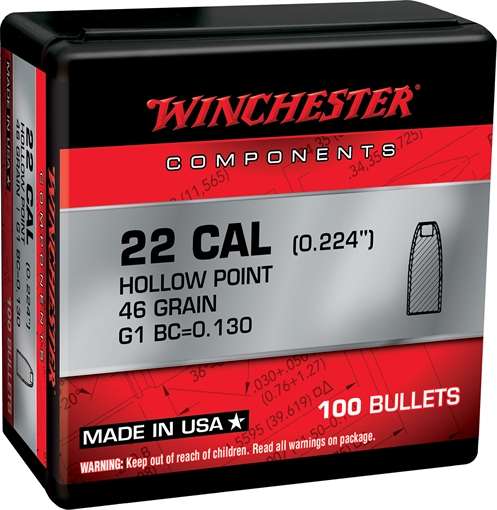 Picture of Winchester Ammo Reloading Bullets 22Hornet 46gr Hollow Point 100 Per Box/10 Case WB22HP46X