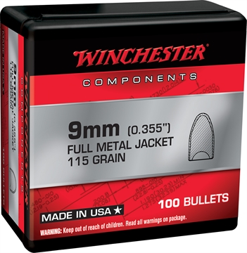 Picture of Winchester Ammo Centerfire Handgun Reloading 9mm 115gr Full Metal Jacket Flat Base 100 Per Box/10 Case WB9MC115X