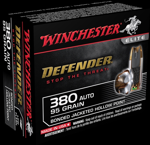 Picture of Winchester Ammunition Defender, Supreme Elite, 380ACP, 95 Grain, Bonded Jacketed Hollow Point, PDX1, 20 Round Box S380PDB
