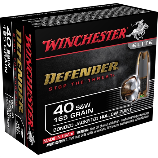 Picture of Winchester Ammunition Defender, Supreme Elite, 40S&W, 165 Grain, Bonded Jacketed Hollow Point, PDX1, 20 Round Box S40SWPDB