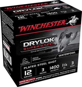 Picture of Winchester Ammo Drylok Super Steel Magnum 12Gauge 3" 1 1/4oz 3Shot 25 Per Box/10 Case XSV1233