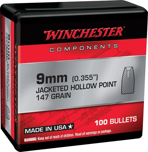 Picture of Winchester Ammo Centerfire Handgun Reloading 9mm 147gr Jacketed Hollow Point 100 Per Box/10 Case WB9JHP147X
