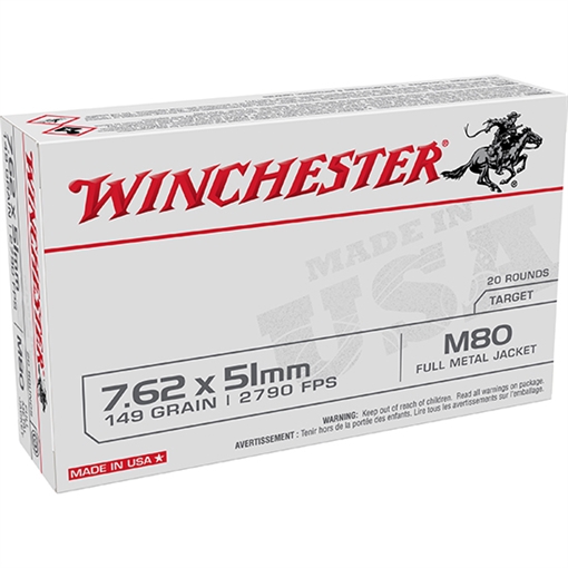 Picture of Winchester Ammo USA M80 7.62x51mmNATO 149gr Full Metal Jacket Lead Core 20 Per Box/25 Case WM80