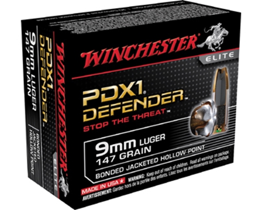 Picture of Winchester Ammunition Defender, 9MM, 147 Grain, PDX1, Bonded Jacketed Hollow Point, 20 Round Box S9MMPDB1