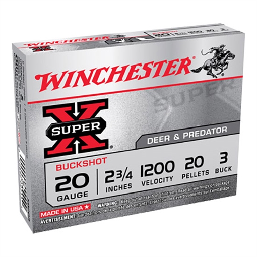 Picture of Winchester Ammunition Super-X, 20 Gauge, 2.75", 3 Buck, Buckshot, 20 Pellets,5 Round Box XB203