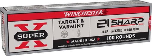 Picture of Winchester Ammunition Target & Varmint, Super-X, 21 SHARP, 34 Grain, Lead Jacketed Hollow Point, 100 Round Box X21JHP