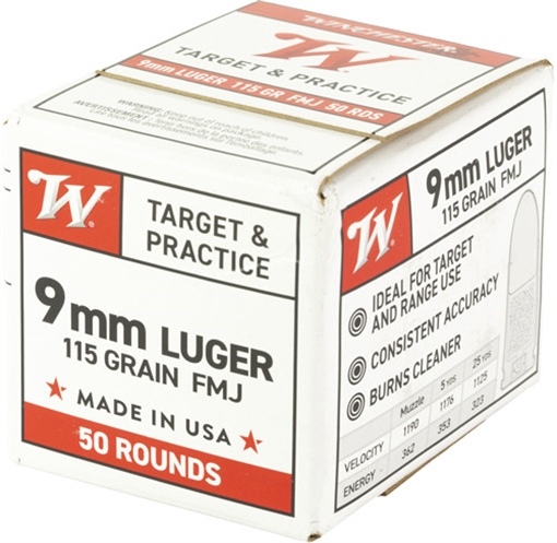 Picture of Winchester USA Target & Practice Handgun Ammunition 9mm Luger 115 gr. FMJ 1190 fps 50/ct W9MM50