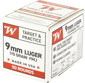 Picture of Winchester USA Target & Practice Handgun Ammunition 9mm Luger 115 gr. FMJ 1190 fps 50/ct W9MM50
