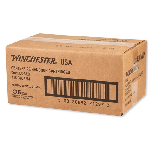 Picture of Winchester USA Handgun Ammunition 9mm Luger 115 gr. FMJ 1190 fps 1000/case USA9MMVPC