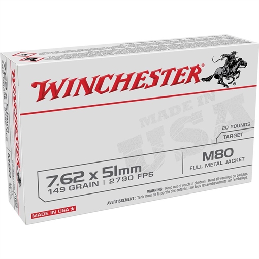 Picture of Winchester USA Lake City M80 Rifle Ammunition 7.62x51mm 149 gr. FMJ 2790 fps 500/ct WM80C