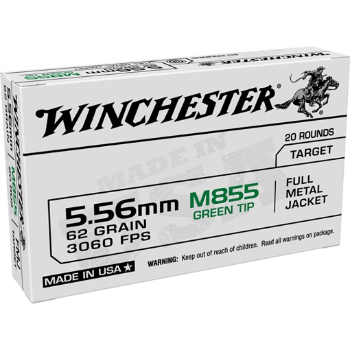 Picture of Winchester USA Lake City M855 Green Tip Rifle Ammunition 5.56mm 62 gr. FMJ 3060 fps 1000/ct Case (50-20rd Boxes) WM855K CASE