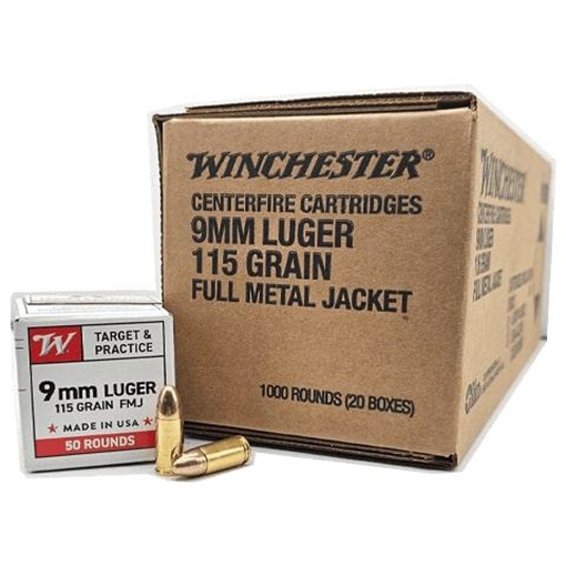 Picture of Winchester USA Target & Practice Handgun Ammunition 9mm Luger 115gr FMJ 1190 fps 1000/ct Case (20-50/ct Boxes) W9MM50C