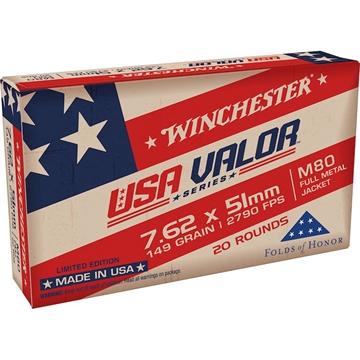Picture of Winchester Ammo USA Valor M80 7.62x51mmNATO 149gr Full Metal Jacket 20 Per Box/25 Case USAVM80X