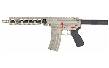 Picture of WMD Guns NiB-X AR-15 Pistol, Semi-automatic, 223 Rem/5.56 NATO, 10.5" Barrel, 1:7 Twist, Aluminum, Nickel Boron Finish with Red Accent Kit, Free Floating 9" Seekins NOX M-LOK Handguard, 30 Rounds, 2 Magazines, NiB-X Bolt Carrier NIBXARPISTOL-RSR