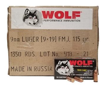 Picture of Wolf Bi-Metal Case 9mm Luger Handgun Ammo- 115 Grain N9x19 FMJ