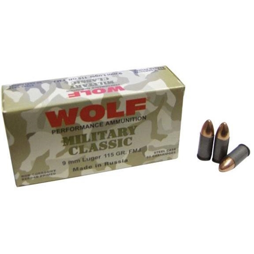 Picture of Wolf Miltary Classic Handgun Ammunition 9mm Luger 115 gr FMJ 1150 fps 50/ct MC919FMJ