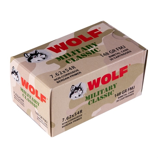 Picture of Wolf Military Classic Rifle Ammunition 7.62x54R 148gr FMJ 2740 fps 20/ct MC76254R148