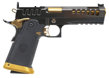 Picture of Watchtower Firearms Demolitia Full Size Frame 9mm Luger 20+1 5" Gold Plated PVD Ported Barrel, Graphite PVD Optic Cut/Serrated Steel Slide, Graphite PVD Frame, Black Textured Grip DEMOLITIA9MM5ELITE