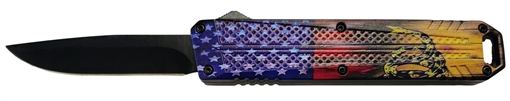 Picture of Xcaliber Knife Company  Don't Tread on Me  Medium 3.20" OTF Drop Point Plain Black 440C SS Blade, 4.80" US Flag Aluminum Handle 728881687607