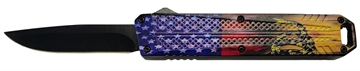 Picture of Xcaliber Knife Company  Don't Tread on Me  Medium 3.20" OTF Drop Point Plain Black 440C SS Blade, 4.80" US Flag Aluminum Handle 728881687607