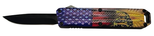 Picture of Xcaliber Knife Company  Don't Tread on Me  Small 2.75" OTF Drop Point Plain Black 440C SS Blade, 4.15" US Flag Aluminum Handle 728881687591