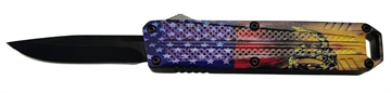 Picture of Xcaliber Knife Company  Don't Tread on Me  Small 2.75" OTF Drop Point Plain Black 440C SS Blade, 4.15" US Flag Aluminum Handle 728881687591