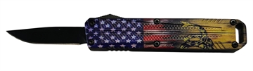 Picture of Xcaliber Knife Company  Drop Point  Mini 1.80" OTF Drop Point Plain Black 440C SS Blade, 3.52" US Flag Aluminum Handle 728881687584