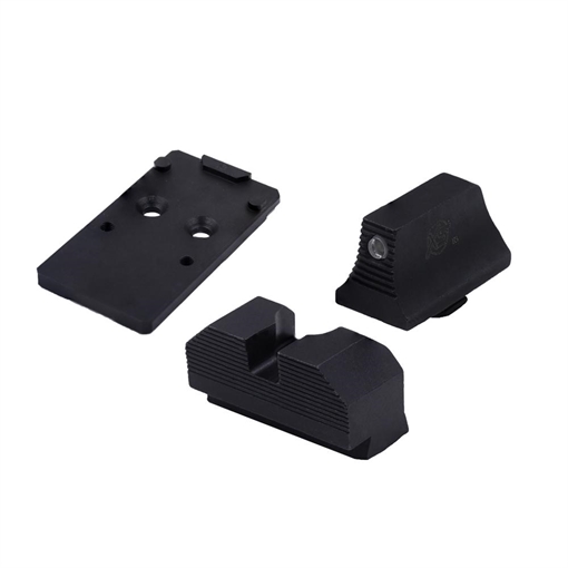 Picture of XS Sights Minimalist Optic Plate and Night Sight Set, Fits GLOCK 19 MOS, Converts MOS Footprint to Trijicon RMR, Nitride Finish, Black, Black Rear Sight, Tritium Front Night Sight GL-OM001-SM-2RMR
