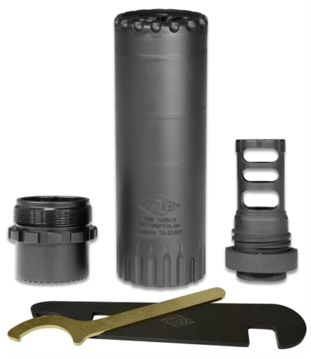 Picture of YHM Turbo K-RB 5.56mm QD Suppressor with Muzzle Brake 5.56mm Stainless Steel/Cobalt 6 Black 1/2x28 YHM-2180-MB-28 2180MB28