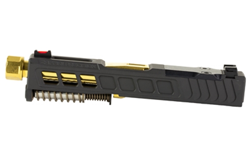 Picture of Zaffiri Precision ZPS.3, Optics Ready Complete Slide, RMR Footprint, Lightening Cuts, Threaded TiN Gold Barrel, HD Fiber Sights, Cerakote Finish, Armor Black, Fits Glock 43/43X, G43/G43X Upper Parts Kit, Includes Black Anodized Optics Plate Cover and Screws ZPS.3.43.BLK.CU
