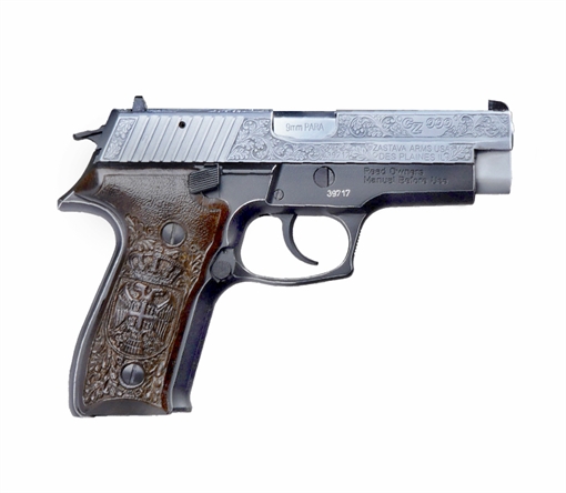 Picture of ZASTAVA ARMS CZ999 9MM HANDGUN HAND ENGRAVED WITHENGRAVED DISPLAY BOX (2) 15RD MAGAZINES. CHROME SLIDE 4.25IN CHROME BARREL CZ999HEBC