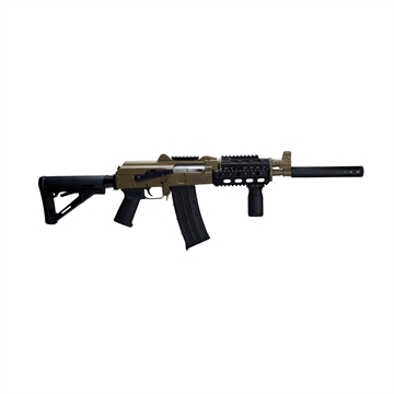 Picture of ZASTAVA ARMS ZPAP85 AK RIFLE 5.56 FDE CERAKOTE WITHNIGHT BRAKE QUAD RAIL TOP RAIL CTR STOCK MAGPUL PISTOL GRIP MAGPUL VERTICAL GRIP MUZZLE EXTENSION 16.5IN CHROME LINED BARREL 1.5MM RECEIVER BULDGED TRUNNION 30RD ZP85556FDER