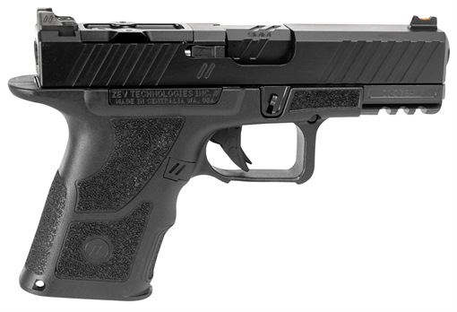 Picture of ZEV OZ9 Duty Compact 9mm Luger 15+1 4", Black, Serrated Stainless Steel Slide with Optic Cut, Polymer Frame with Picatinny Rail, Fiber Optic Combat Sights OZ9CDUTYSS